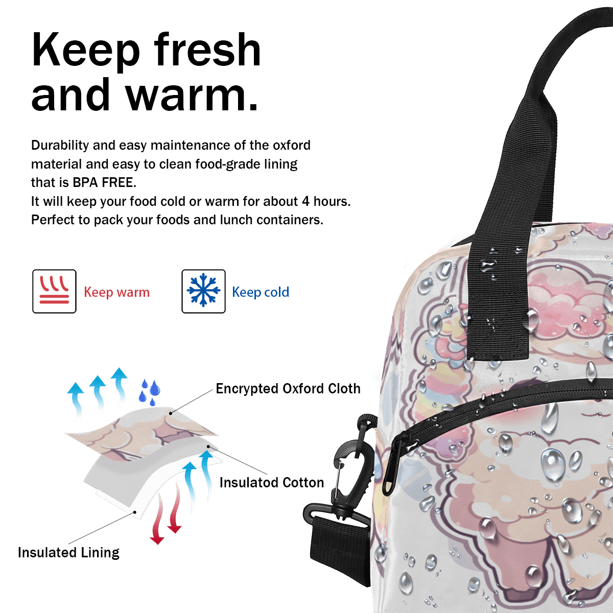 Herdesigns Cute Cartoon Insulated Lunch Bag for Women Men Adults Large Reusable Lunch Box Sheep Leakproof Cooler Tote Bags with Adjustable Shoulder Strap