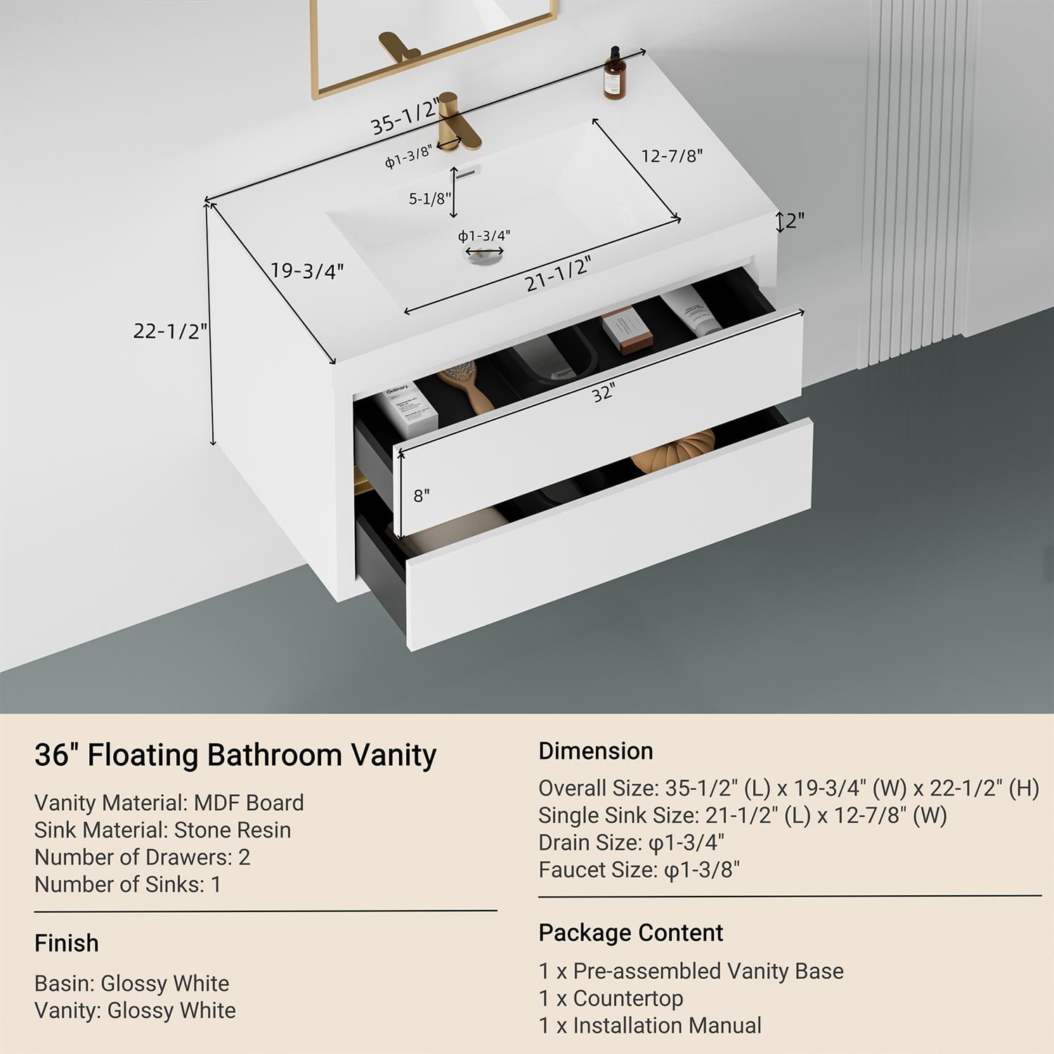 Demi Bonn 35" Wall-Mounted Bathroom Vanity with Sink, Stone Resin Countertop and 2 Soft Close Drawers, Faucets and Drains Not Included, White
