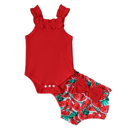 

Musuos 2Pcs Baby Girls Ribbed Knit Romper Tank Tops Watermelon Print Bow Shorts