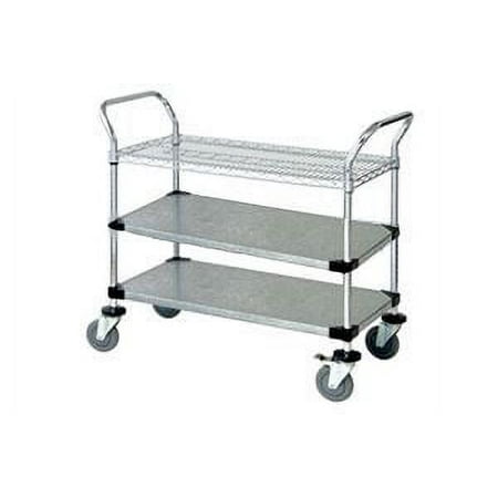 21" Deep x 60" Wide x 39" High 3 Tier Heavy Duty Chrome Wire Utility Cart with 1 Wire Shelf & 2 Solid Shelf