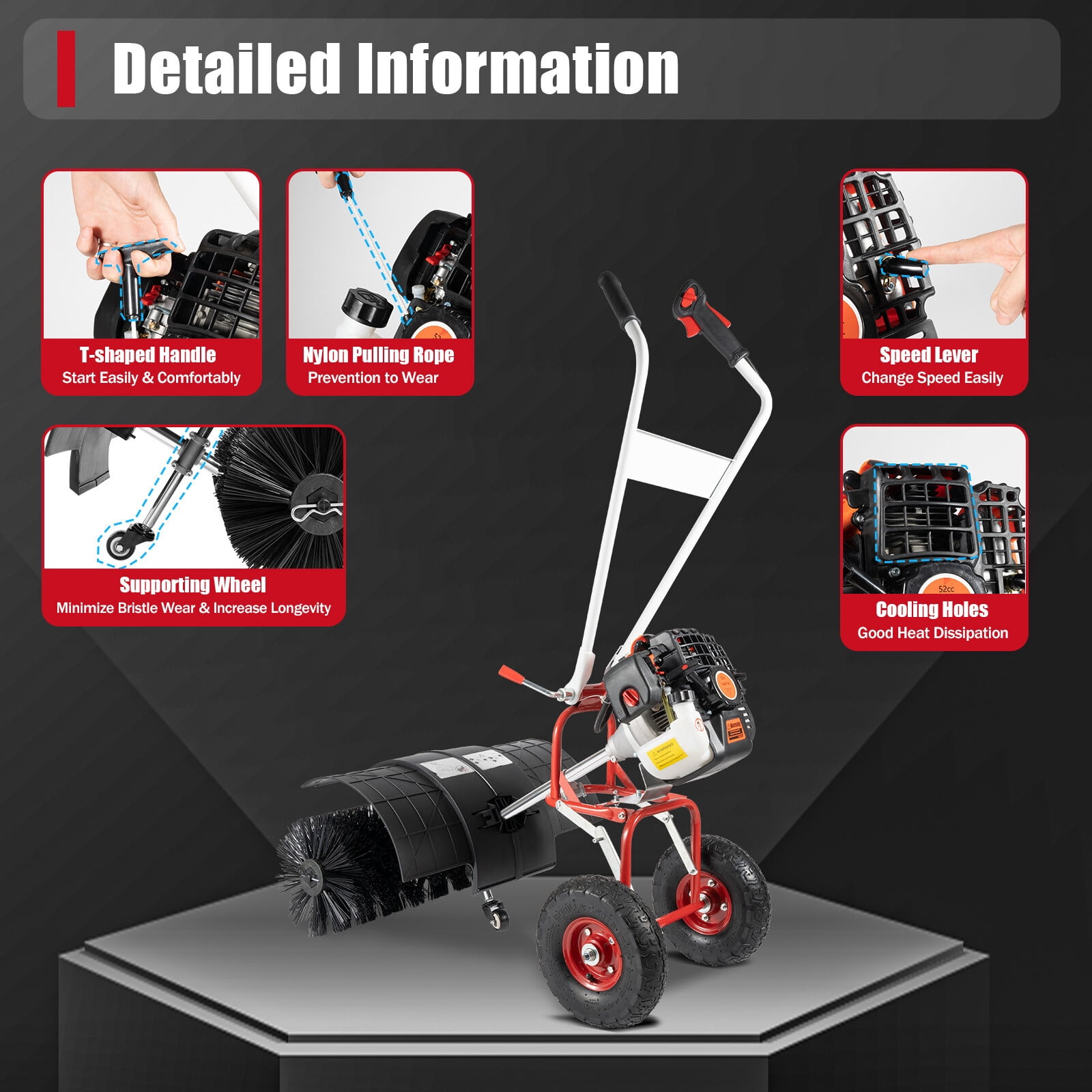 52CC 2-Stroke 2.5HP Walk Behind Gas Powered Sweeper Broom, Driveway and Lawn Snow Removal Sweeper, Artificial Turf Snow Sweeper, for Lawns, Fallen Leaves, Artificial Turf, and Gravel