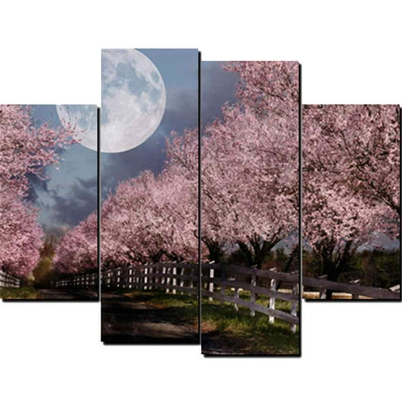 4 Panels Unframed Canvas Photo Oil Prints Painting Unframed canvas photo the Moon under the Cherry Trees Wall Art Picture Canvas Paintings