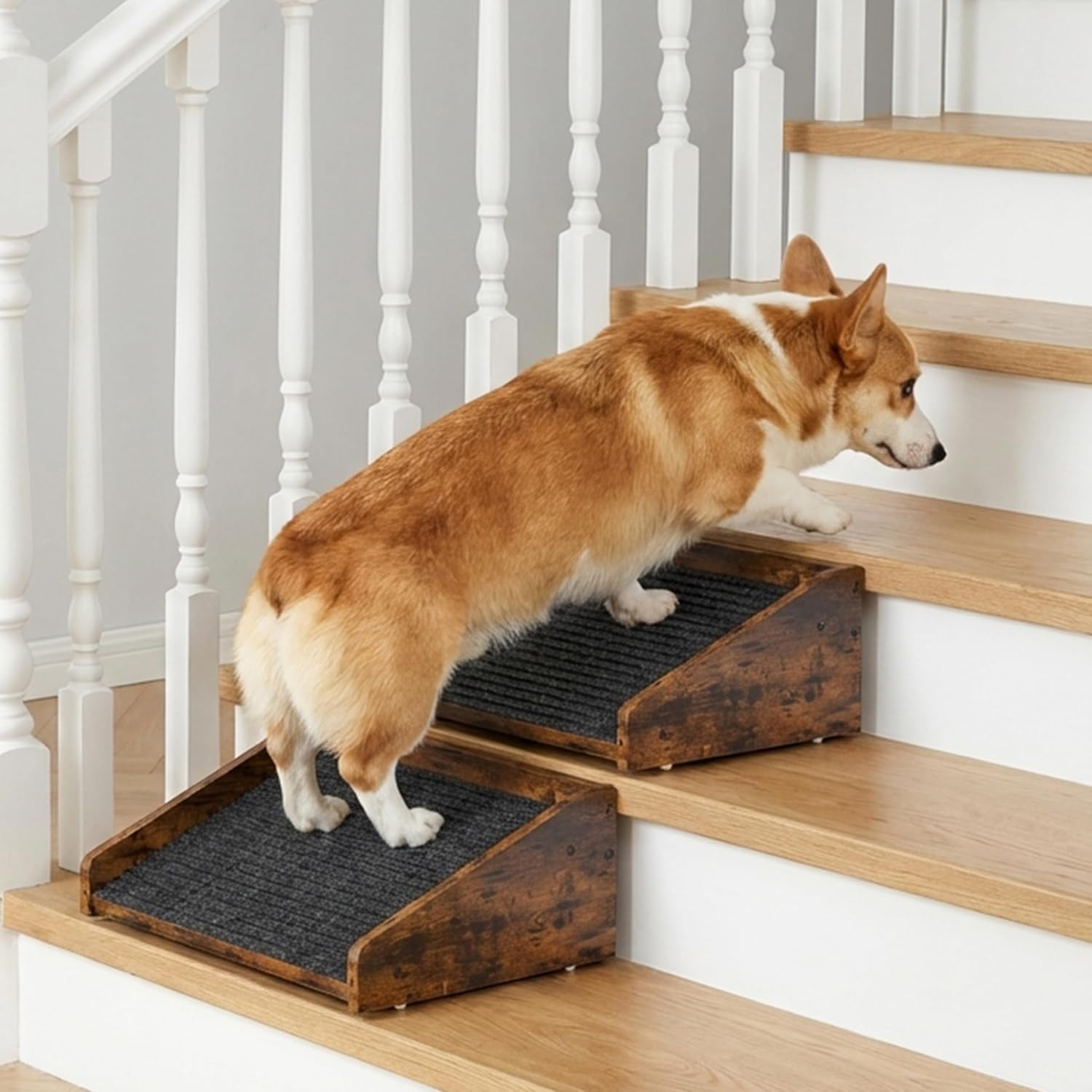 2Pcs Low-Angled Wooden Dog Ramp for Stairs Anti-Slip Carpet Surface Pet Steps Sturdy Indoor Pet Stairs Ramp for Small Dogs & Cats Assist for Injured Aged Pets Fits Staircase Steps