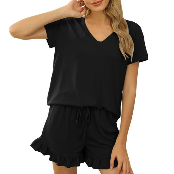 2 Piece Sets for Women Dressy Spring Womens Two Piece Outfits Fall Fashion Women' Solid Color V-Neck Short Sleeved Elastic Waist Rolled Shorts Sports And Leisure Home Two-Piece Set