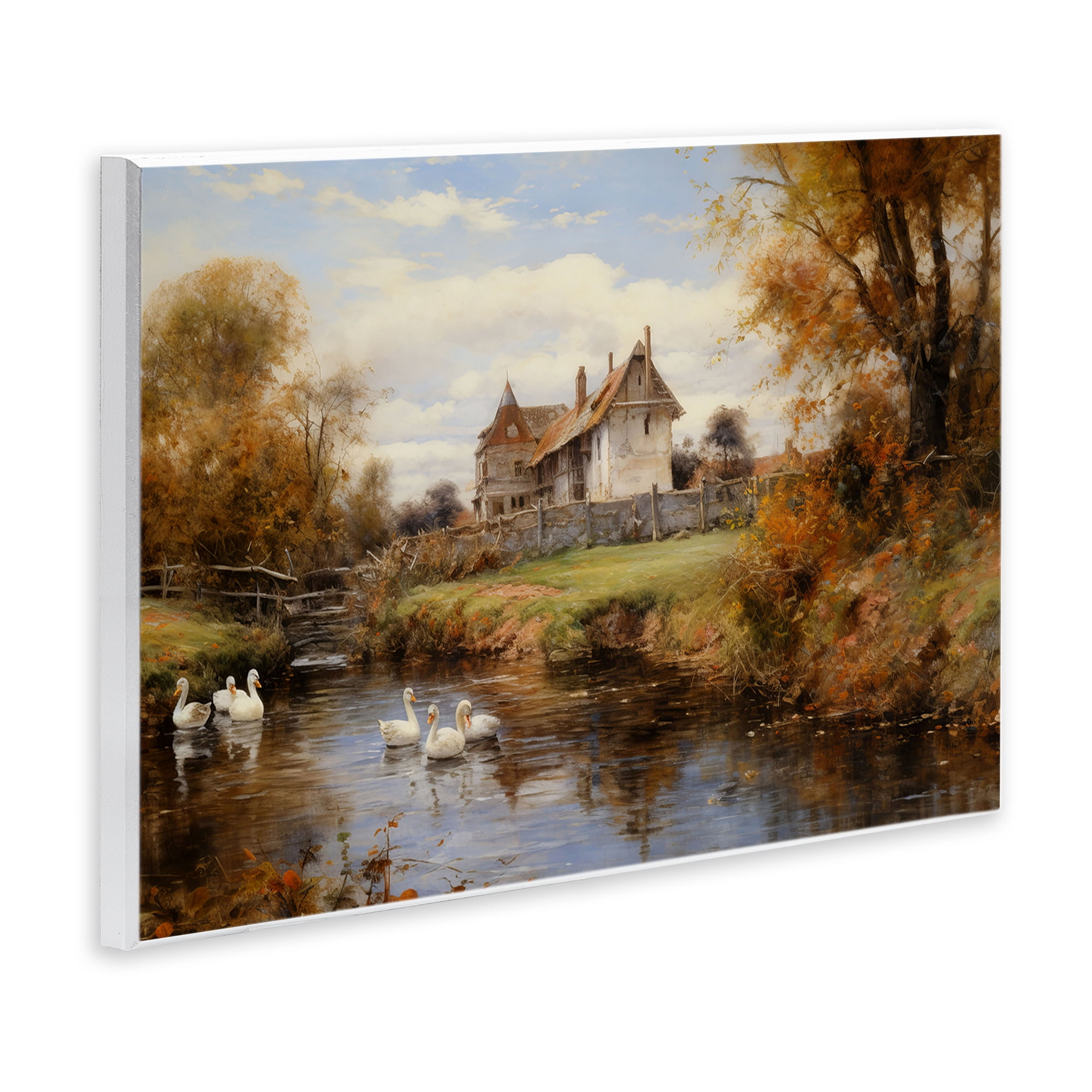 Stupell Industries Ducks in Cottage River Landscape & Nature Painting Unframed Art Print Wall Art, 19 x 13