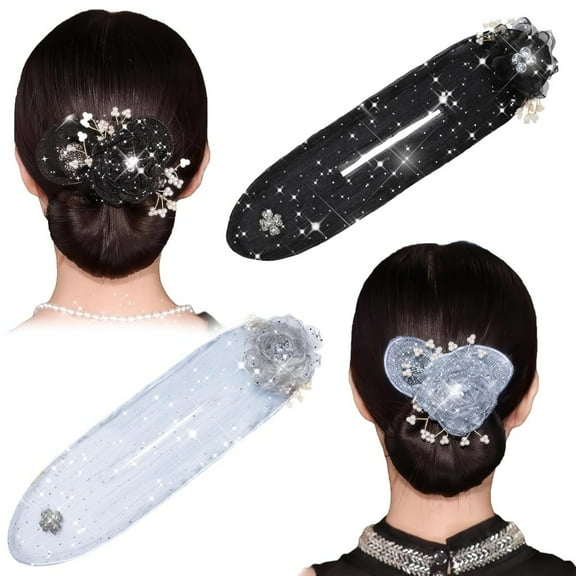 2PCS Hand Embroidered French Bun Maker, Sparkly Ball Hair Clip and Donut Roller for Easy Elegant Updos, Long Thick Hair Accessories for Women