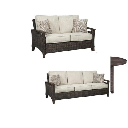 Pemberly Row Set of 3 Patio Fire Pit Table and Loveseat and Sofa in Medium Brown