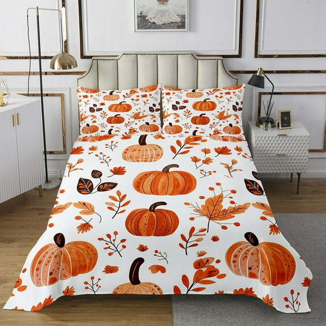YST Ensemble de Courtepointe Citrouille d'Automne Format Très Grand, Ensemble de Couvre-Lit Récolte d'Automne pour Enfants Garçons Filles Joyeux Action de Grâce Ensemble de Couvre-Lit Rustique Feuilles d'Érable Ensemble de Literie avec 2 Taies d'Oreiller