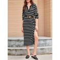 thumbnail image 6 of Womens Striped Sweater Dress Fall Chunky Knit V Neck Collared Long Sleeve Slit Loose Midi Dresses Black XL, 6 of 8