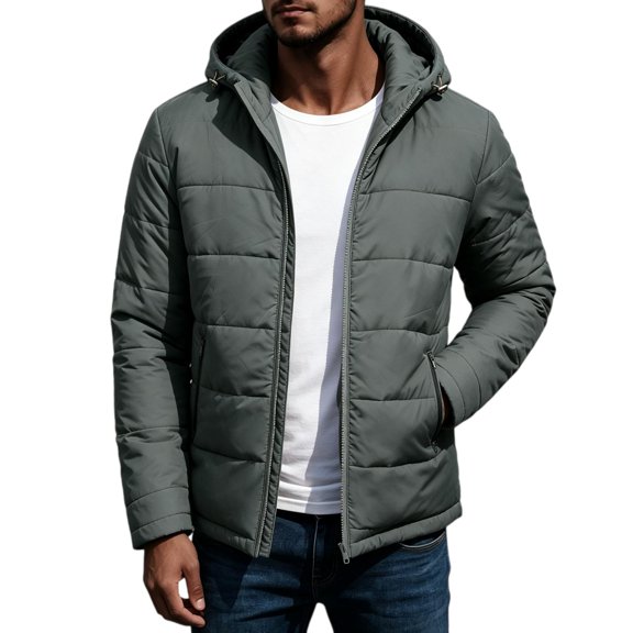 TKKCS Mens Hooded Padded Jacket Full Zip Windproof Warm Winter Casual Lightweight Quilted Coat with Zipper Pockets Gray XL