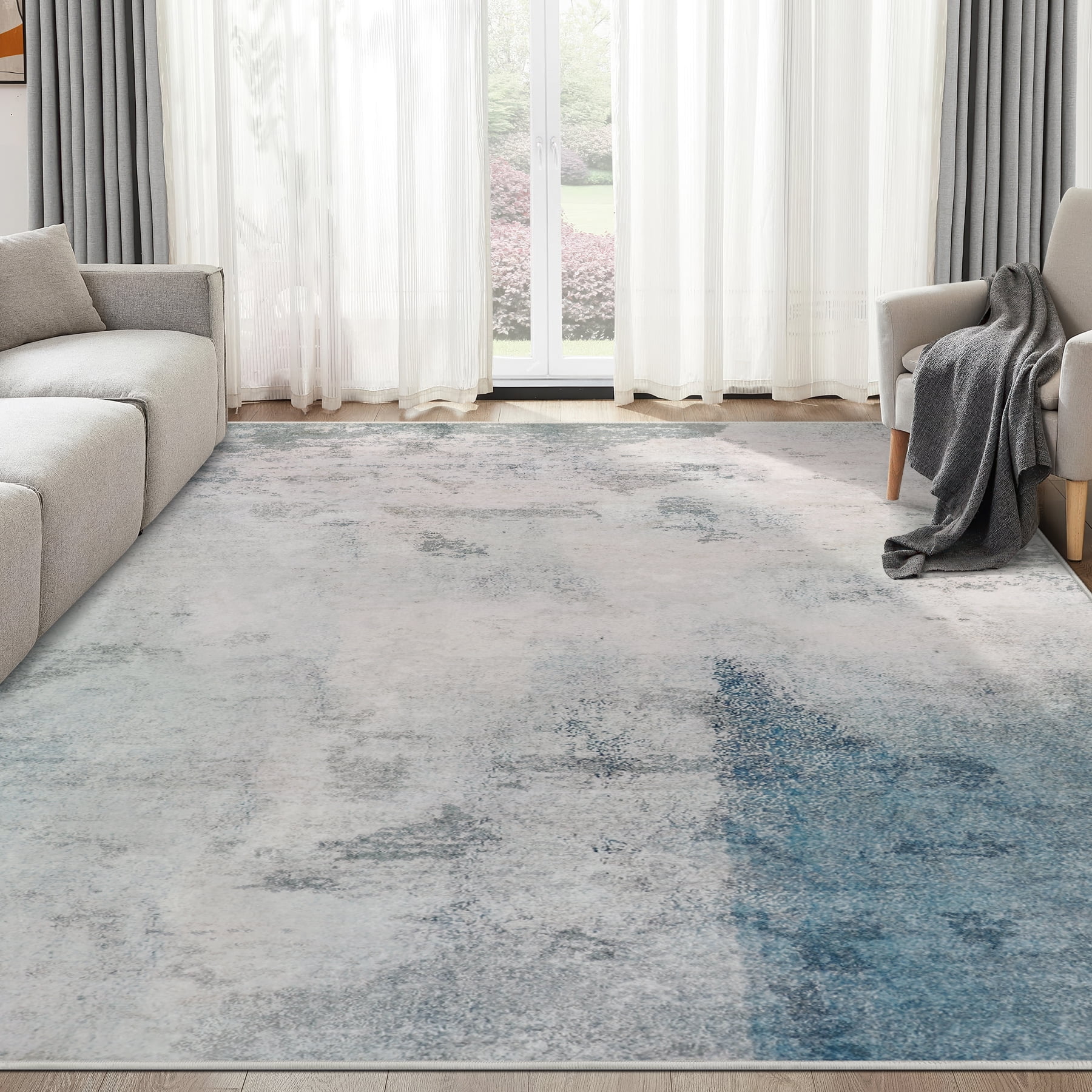 Aonewoe 8x10 Area Rugs for Living Room Abstract Washable Rugs Soft Neutral Bedroom Rug Non Slip Indoor Carpet for Living Room, Dining Room, Playroom, Office (Blue/Gray)