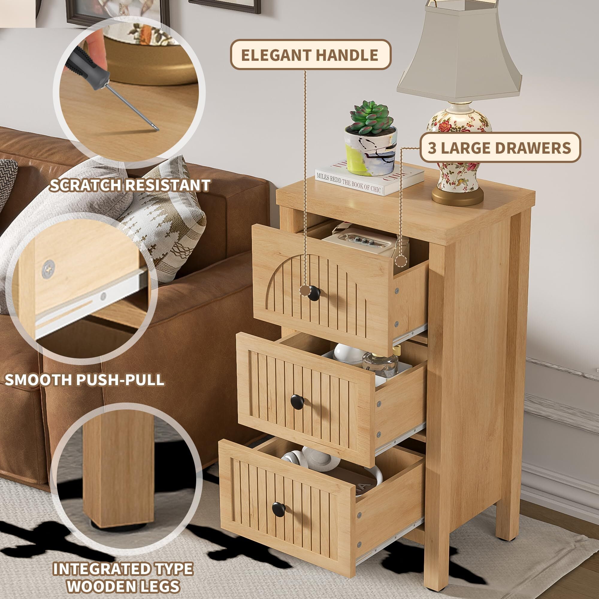 Farmhouse Nightstand & Dresser, Dresser for Bedroom with 3 Drawers, Wooden Storage Cabinet Sofa Table