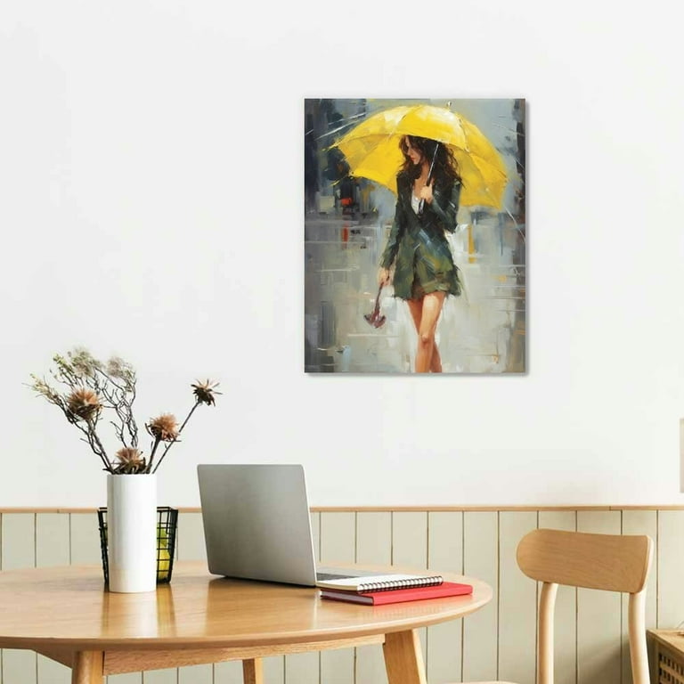 Abstract Canvas Painting A shops Rainy Walk Girl with Yellow Umbrella Wall Art Modern