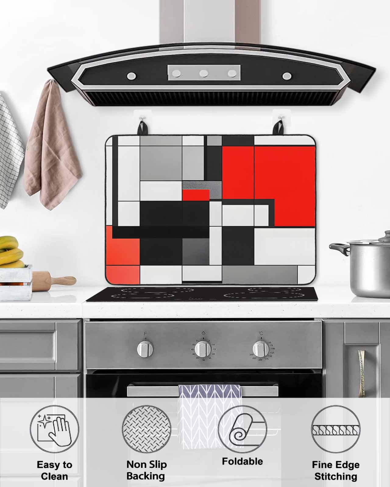 nqOlkjepod Large Induction Cooktop Protector Mat 36"x21", Black Red Geometric Stove Top Covers for Electric Stove, Red White Abstract Art Modern Stove Burner Cover Mats, Glass Top Stove Cover