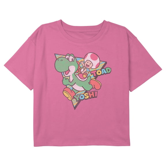 Girl's Nintendo Yoshi and Toad Graphic Cropped T-Shirt Light Pink Medium