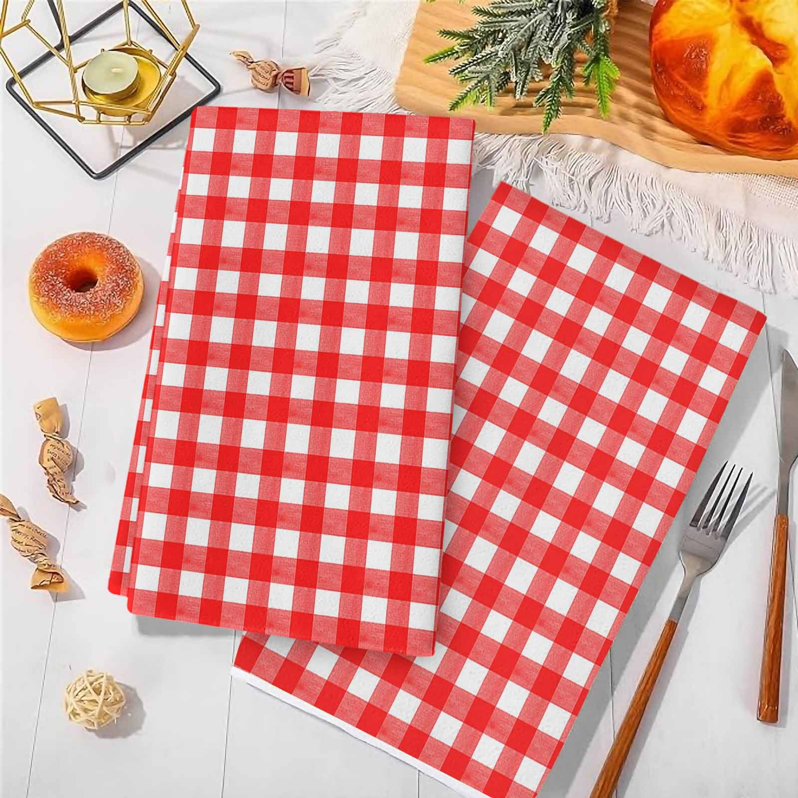 Dish Towels, Red Buffalo Plaid Absorbent Kitchen Towels 2 PCS, Pastoral Checkered Microfiber Hand Towels Dish Cloths Tea Towels for Home&nbsp;Bathroom Cleaning Drying,18X28-Inch,