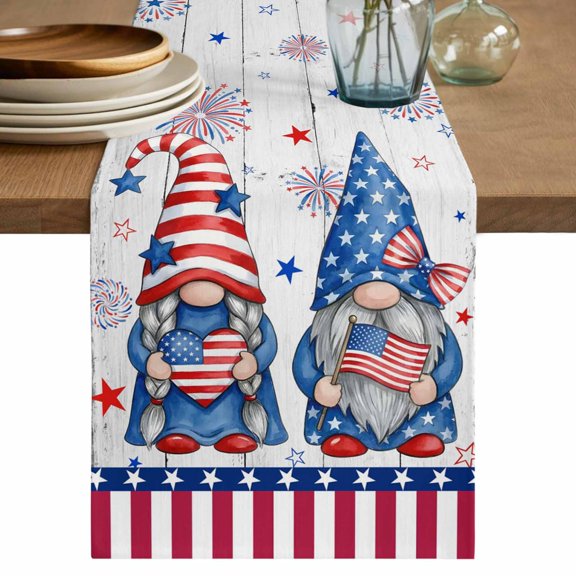4th of July Table Runner 72 Inches, USA Flag Independence Day Blue Red Gnomes Bed Runner Dresser Scarves Tabletop for Indoor Outdoor Parties/Ceremony/Banquet, 18" x 72"