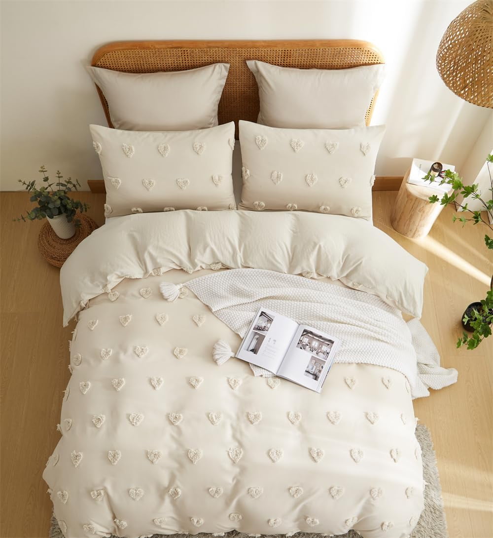 Beige Tufted Heart Dot Duvet Cover Boho Ultra Soft Jacquard Embroidery Shabby Chic Washed Microfiber Bedding Set,Twin Size