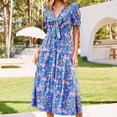 thumbnail image 1 of Vestido Vestido largo de playa con cordones y cuello en V Vestido con dobladillo plisado con estampado floral Dulce para vacaciones Cgtredaw Azul T L para Mujer, 1 of 8