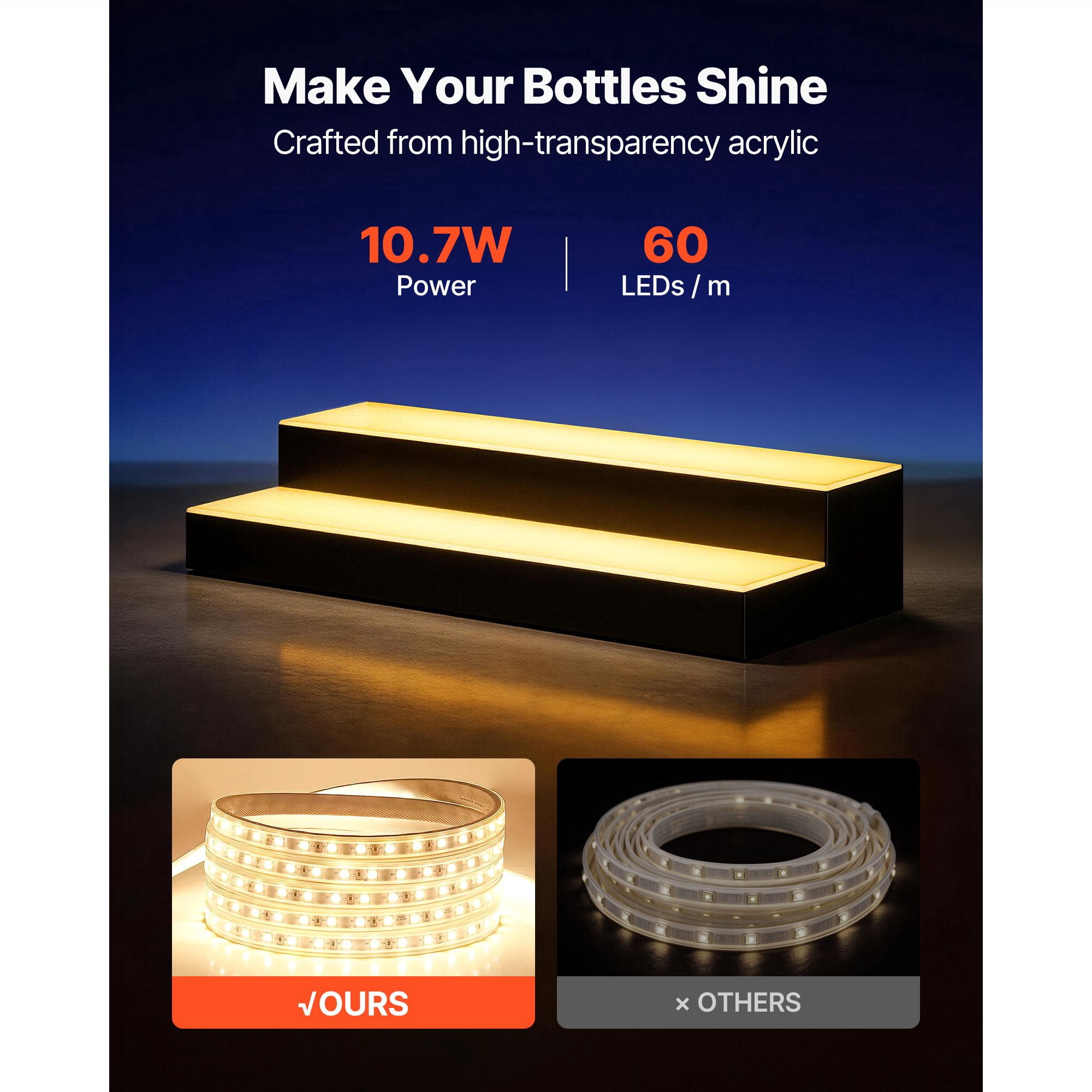 24 Inch LED Lighted Liquor Bottle Display, 2-Tier Acrylic Rack, Holds 12-16 Bottles, App & RF Remote Control, 9 Static Colors, Music Sync, for Home Bars & Commercial Displays