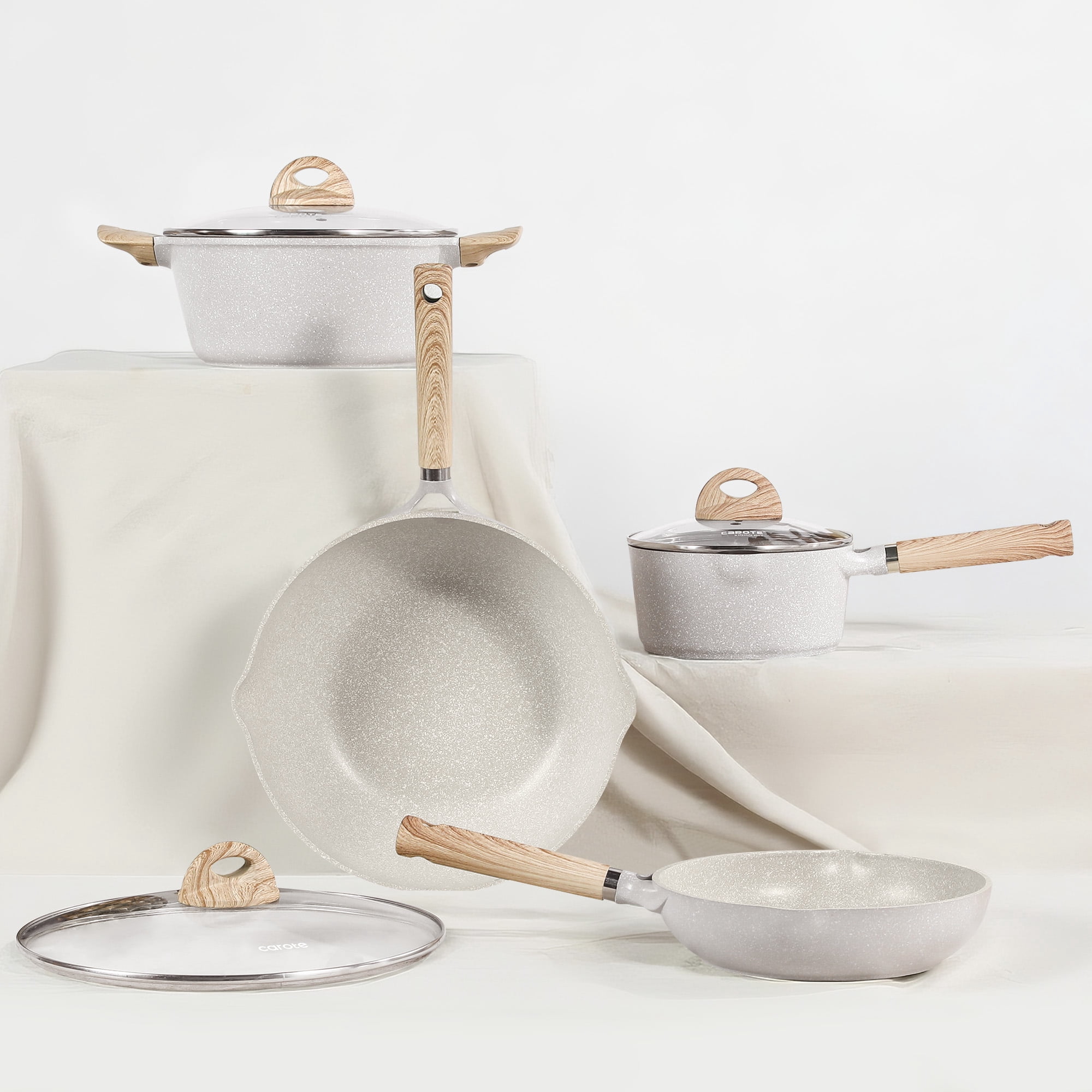 Carote Nonstick Cookware Set 8-Piece,Kitchen Pots and Pans Set,Stay-Cool Handles,Induction Compatible,Cookware Set for RV and Camping,Beige