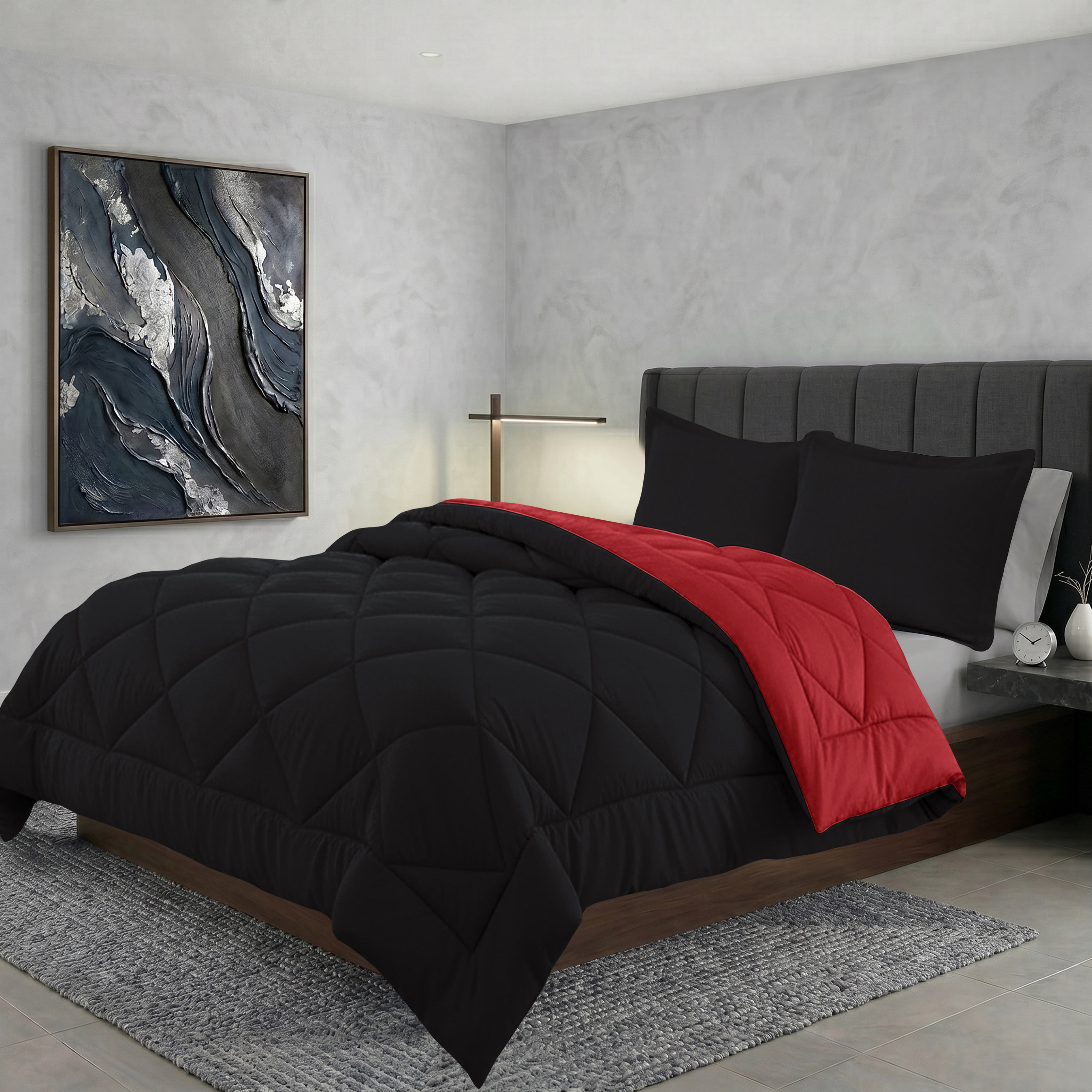 Elegant Comfort Reversible Down Alternative Comforter Set, Soft Microfiber All-Season Bedding, Lightweight Wrinkle & Fade Resistant Comforter, Full/Queen, Black/Burgundy