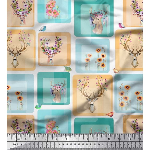 Soimoi Silk Fabric Bird & Reindeer Face Patchwork Print Sewing Fabric Yard 42 Inch Wide