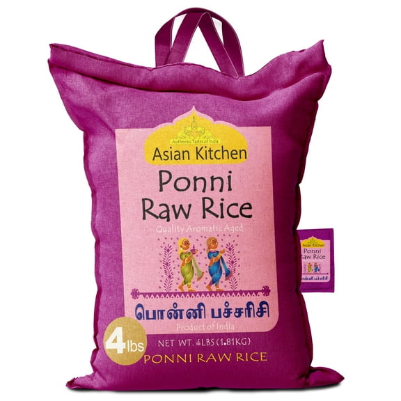 Asian Kitchen Ponni Raw Rice 4-Pound Bag, 4lbs (1.81kg) Short Grain Rice ~ All Natural | Gluten Friendly | Vegan | Indian Origin | Export Quality