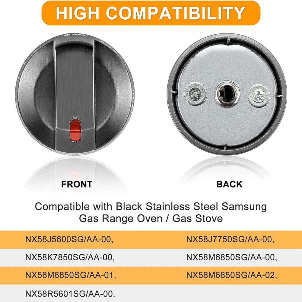 4Pcs DG64-00473B Black Stainless Knobs Replacement Stove Gas Range Knobs for NX58M6850SG,NX58J5600SG,NX58J7750SG