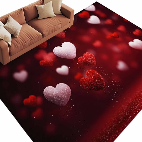 Valentine's Day Washable Area Rug 5 x 8 ft Modern Romantic Red White Shiny Love Heart, Soft Non Slip Rugs Stain Repellent Indoor Felt Carpet for Living Dining Room Bedroom Home Office