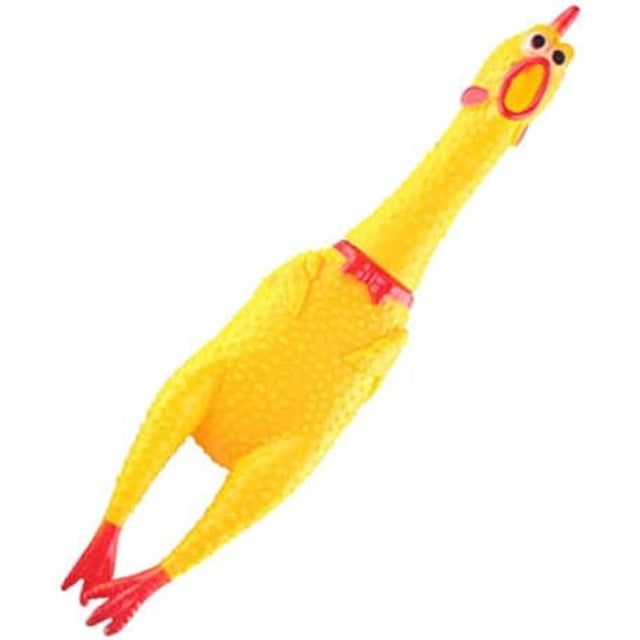 divertido juguete para mascotas gallo graznido gritando pollo de goma estridente polla amarilla atractivo perro gato cachorro juguete con sonido práctico y profesional juguete de goma con forma de gallo alargado según especificación color blanco, textura punteada en el cuerpo, pico y patas rojas visibles, abertura circular en el pico para sonido, vista en diagonal sobre fondo neutro; a menudo usado como juguete para morder durante el juego.