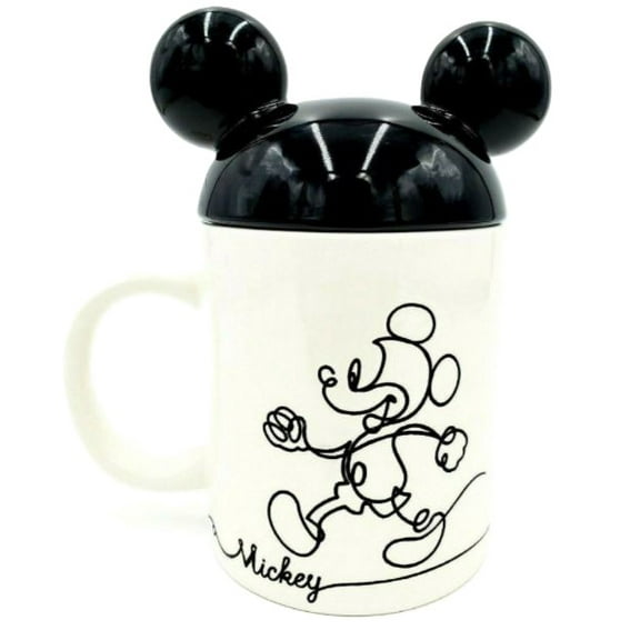 Disney Mickey Sketch Black Outline Mug with Ears Lid Ceramic 17oz Cup New