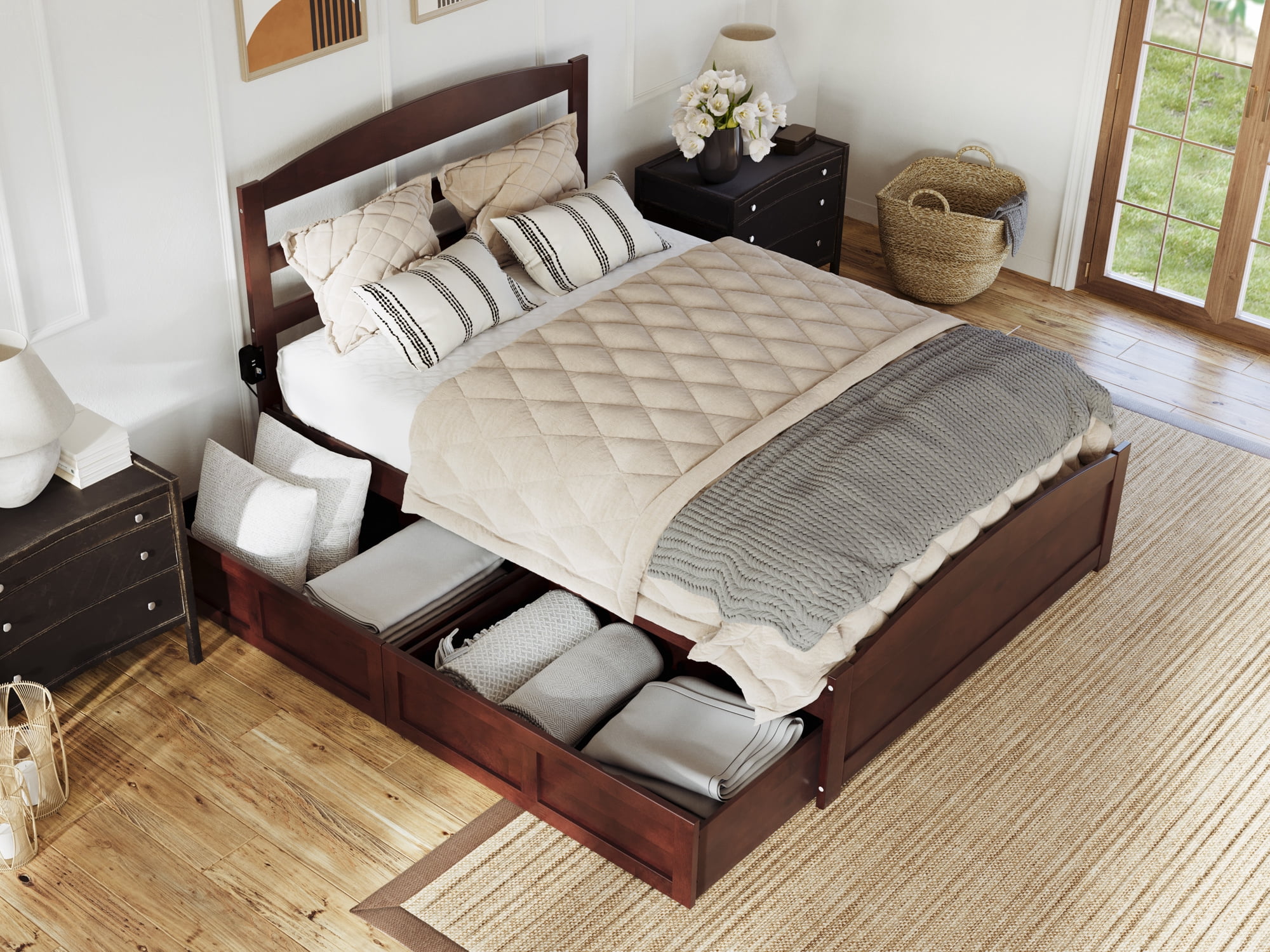 AFI Warren Full Wood Platform Bed with Headboard Footboard & 2 Storage Drawers, Walnut