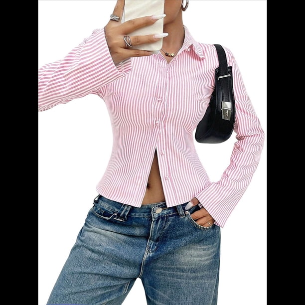 Camisa Corta A Rayas con Botones y Larga Ajustada para Mujer, Blusa de Trabajo Rosa L