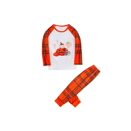 

Wayren USA Halloween Family Matching Pajamas Set Pumpkin Long-Sleeves T-Shirt with Plaid Pants Suit/Jumpsuit Halloween Loungewear Set