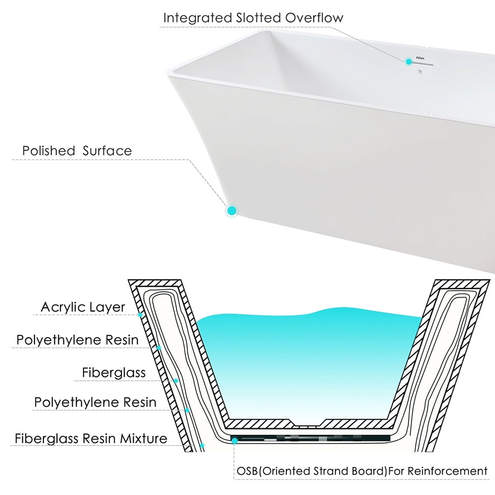 Kepooman 66" Acrylic Alcove Bathtub with Brushed Nickel Drain and Overflow Hole, White Kepooman 66" Acrylic Alcove Bathtub with Brushed Nickel Drain and Overflow Hole, White