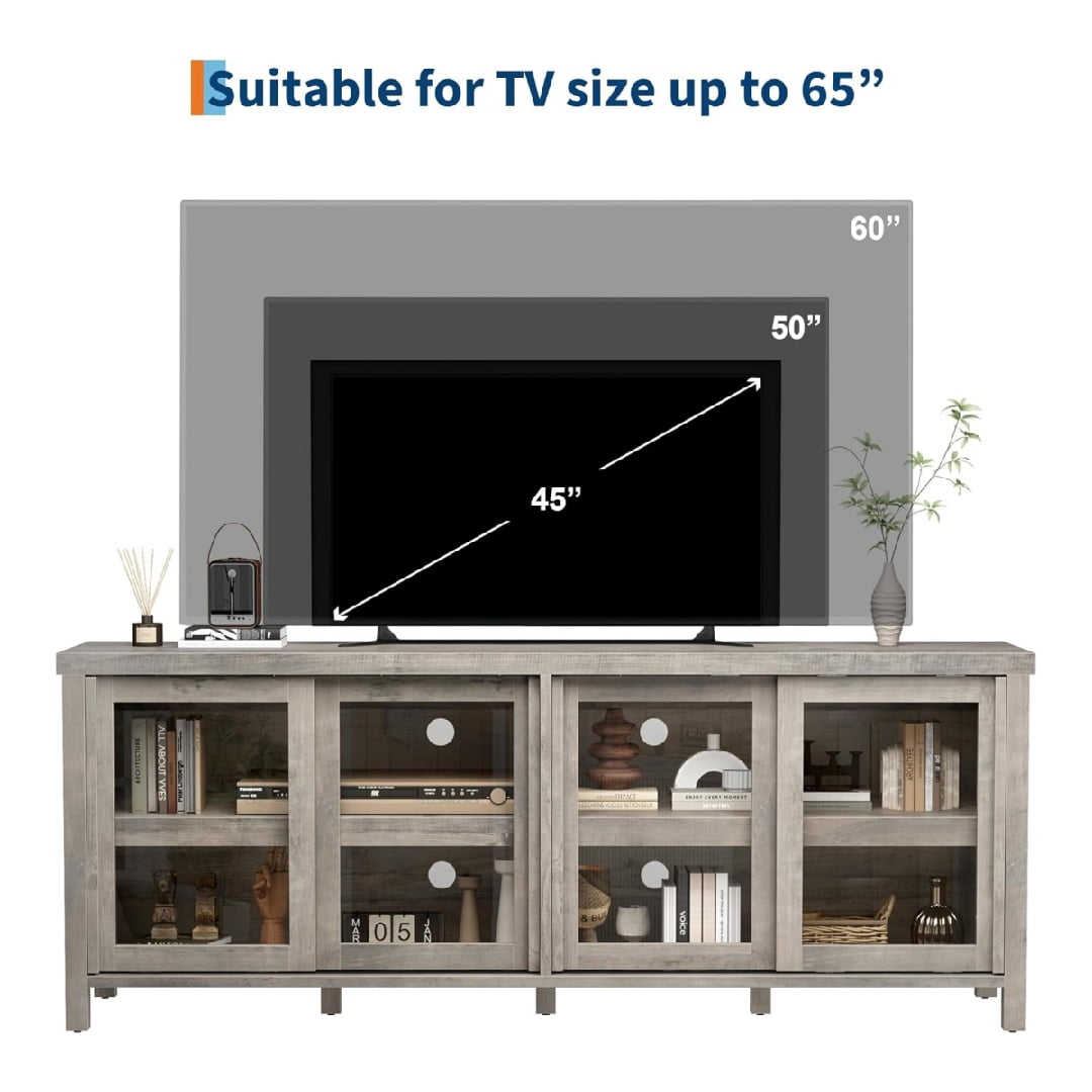 TV Stand for 65 Inch, Entertainment Center with Storage Cabinet and 4 Sliding Glass Doors, Mid Century Modern Media TV Console Table for Living Room Bedroom