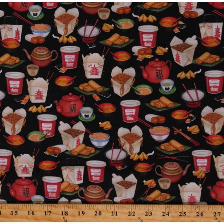 Cotton Takeout Fried Rice Egg Rolls Fortune Cookies Oriental s Order Up Black Cotton Fabric Print by The Yard (D574.89)