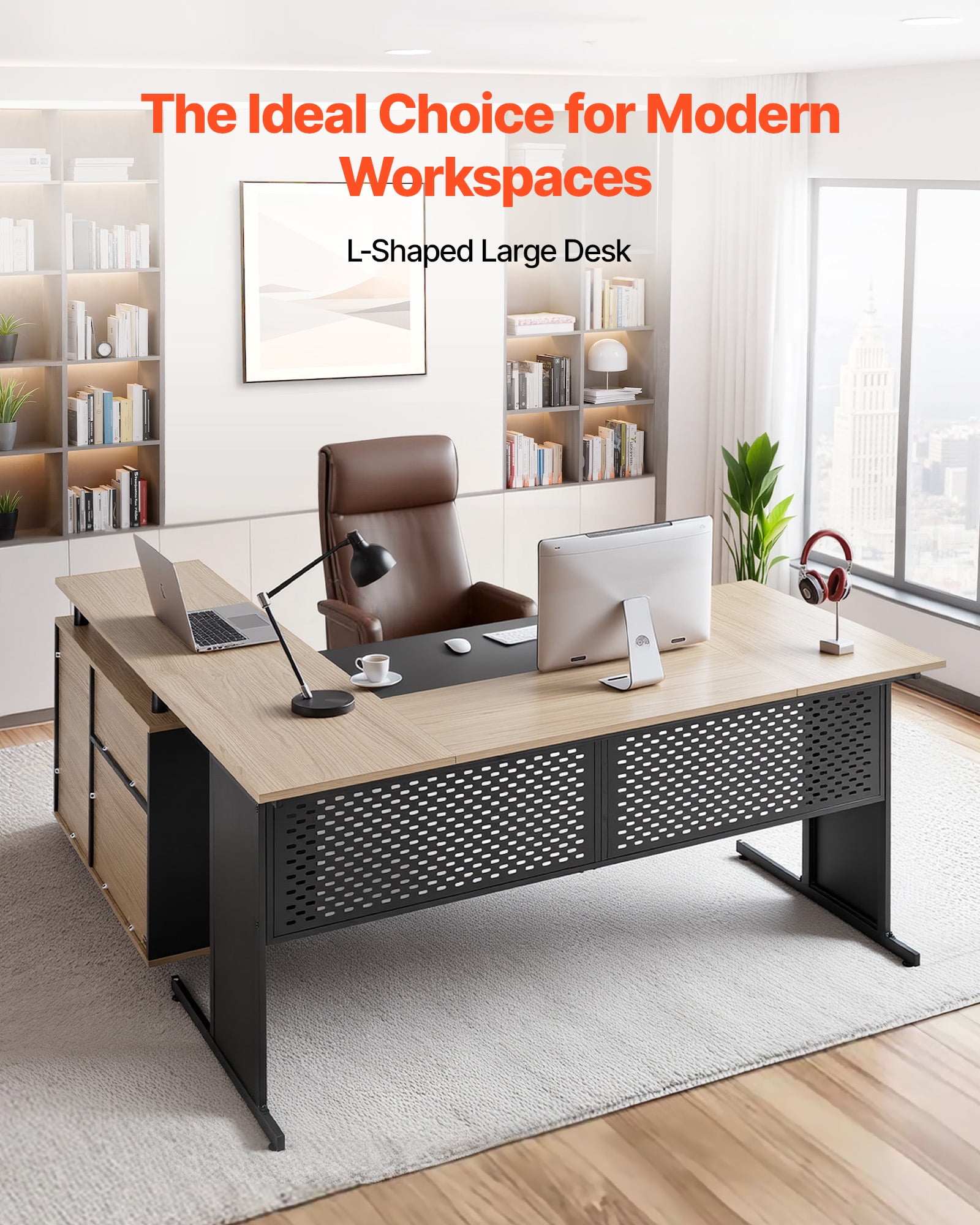 VEVOR L-Shaped Executive Desk, Modern Reversible Office Table with Drawers & Storage Cabinet, Heavy Duty Large Wooden Executive Table, 350 LBS Load Capacity, Easy Assembly, for Work Study Writing