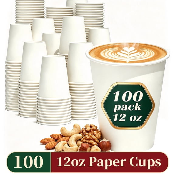 Lamosi 12 oz Disposable Paper Cups, White Hot Cups, 100 Count