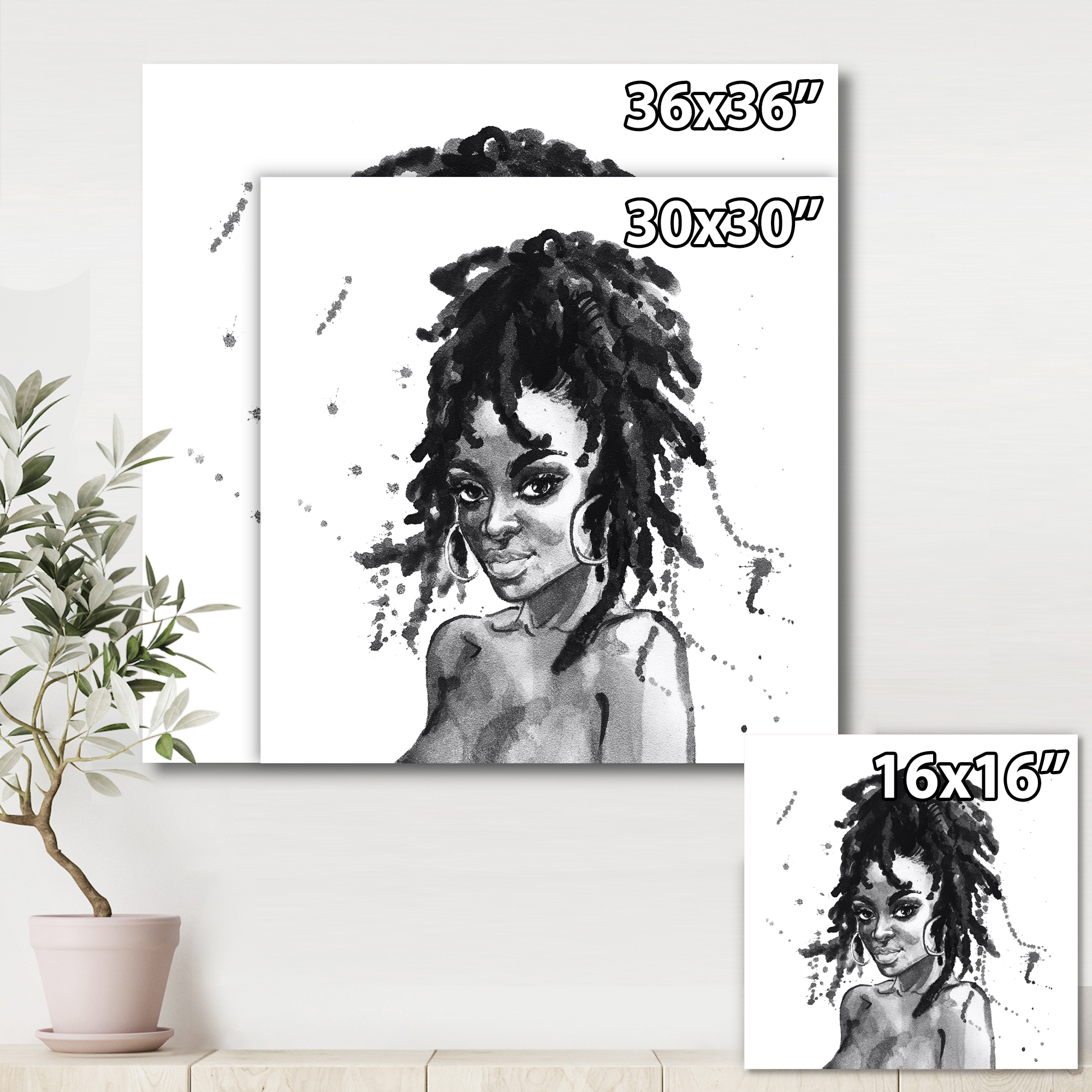 Designart ' Black and White Portrait of African American Woman II ' Modern Canvas Wall Art Print
