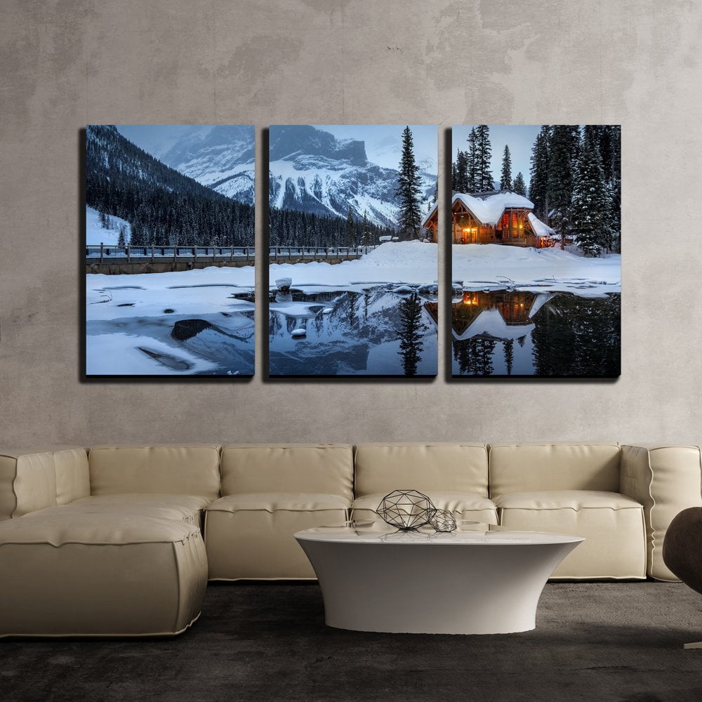 Wall26 3 Piece Canvas Wall Art - Winter Landscape with Cabin Hut at