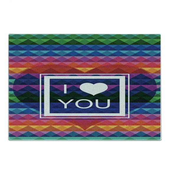 Vintage Rainbow Cutting Board, Colorful Fractal Mosaic Backdrop with Heart and I Love You Frame Valentines, Decorative Tempered Glass Cutting and Serving Board, Small Size, Multicolor, by Ambesonne