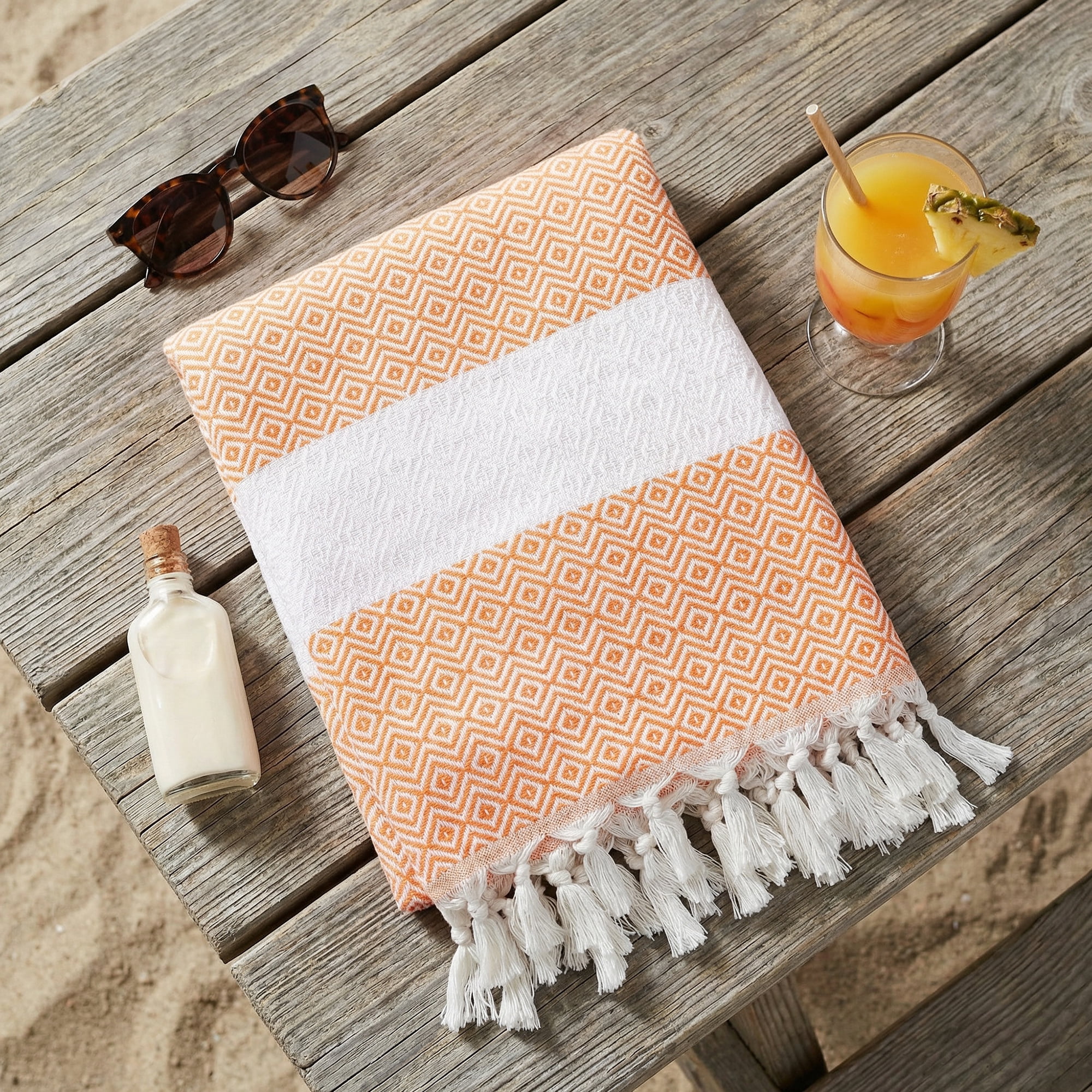 Unique Bargains Geometric Sandproof Quick Dry Turkish Towel Orange/Light Purple 71"x40"
