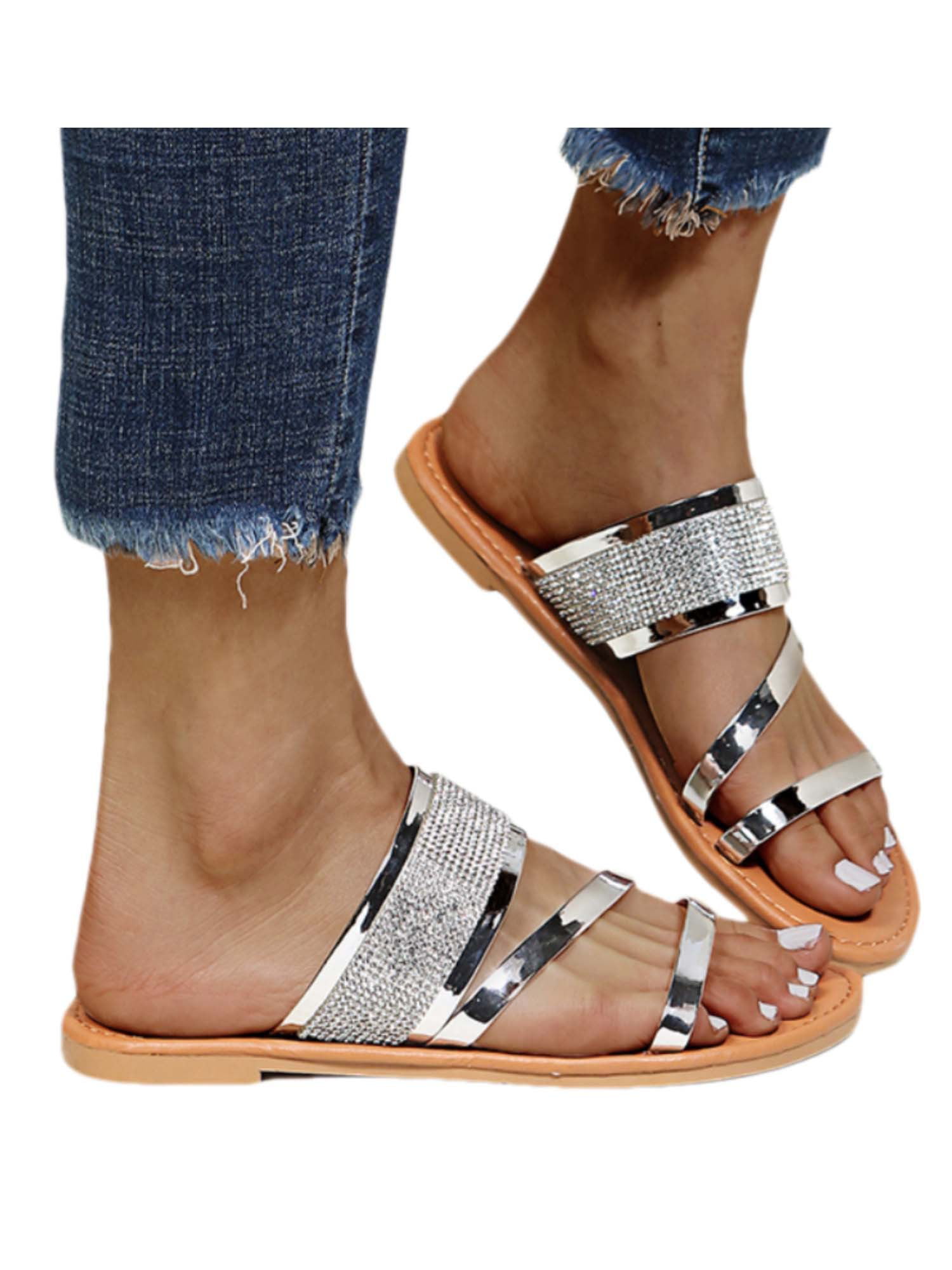 Womens Ladies Diamante Slip On Sandals Flatforms Sparkly Platform Summer Size UK