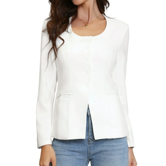 INSPIRE CHIC Business Casual Blazers for Women Button Down Scoop Neck Long Sleeve Office Work Blazer Jackets with Pockets S White