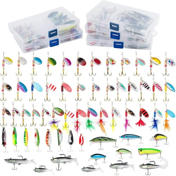 dr.fish 60 fishing lures kit with 5 tackle boxes spinners soft plastic swimbait crankbaits minnow variety kit rooster tail trout spinner salmon spoons walleye