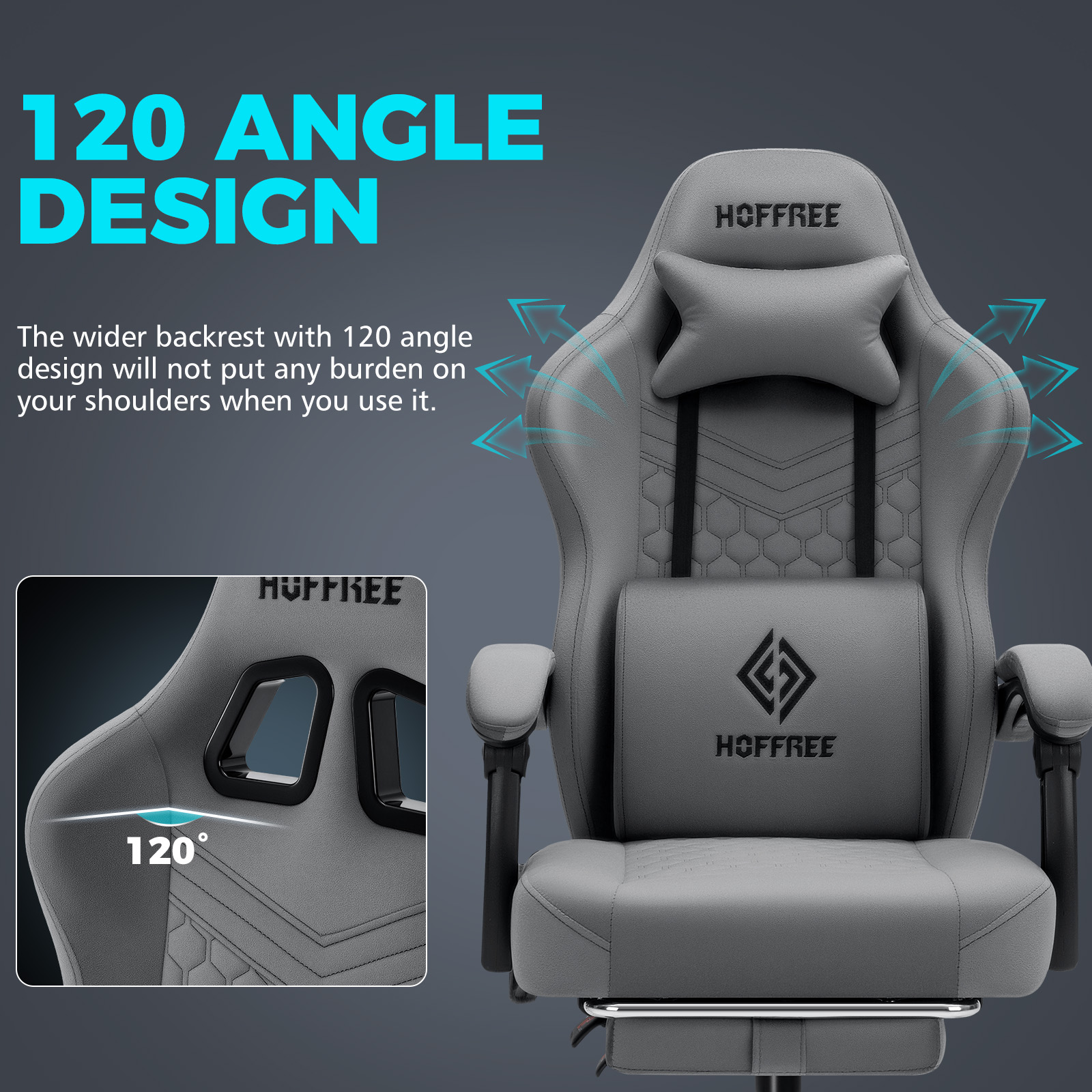 HOFFREE Gaming Chair with Massage and Footrest Skin-friendly Gamer Chairs for Adults Big and Tall Video Game Chair with Headrest and Lumbar Support for Office and Home Dark Gray