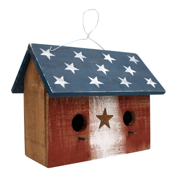 Bunker Hill Birdhouse - 2 Hole - With Stars Wooden Roof - Americana Stars