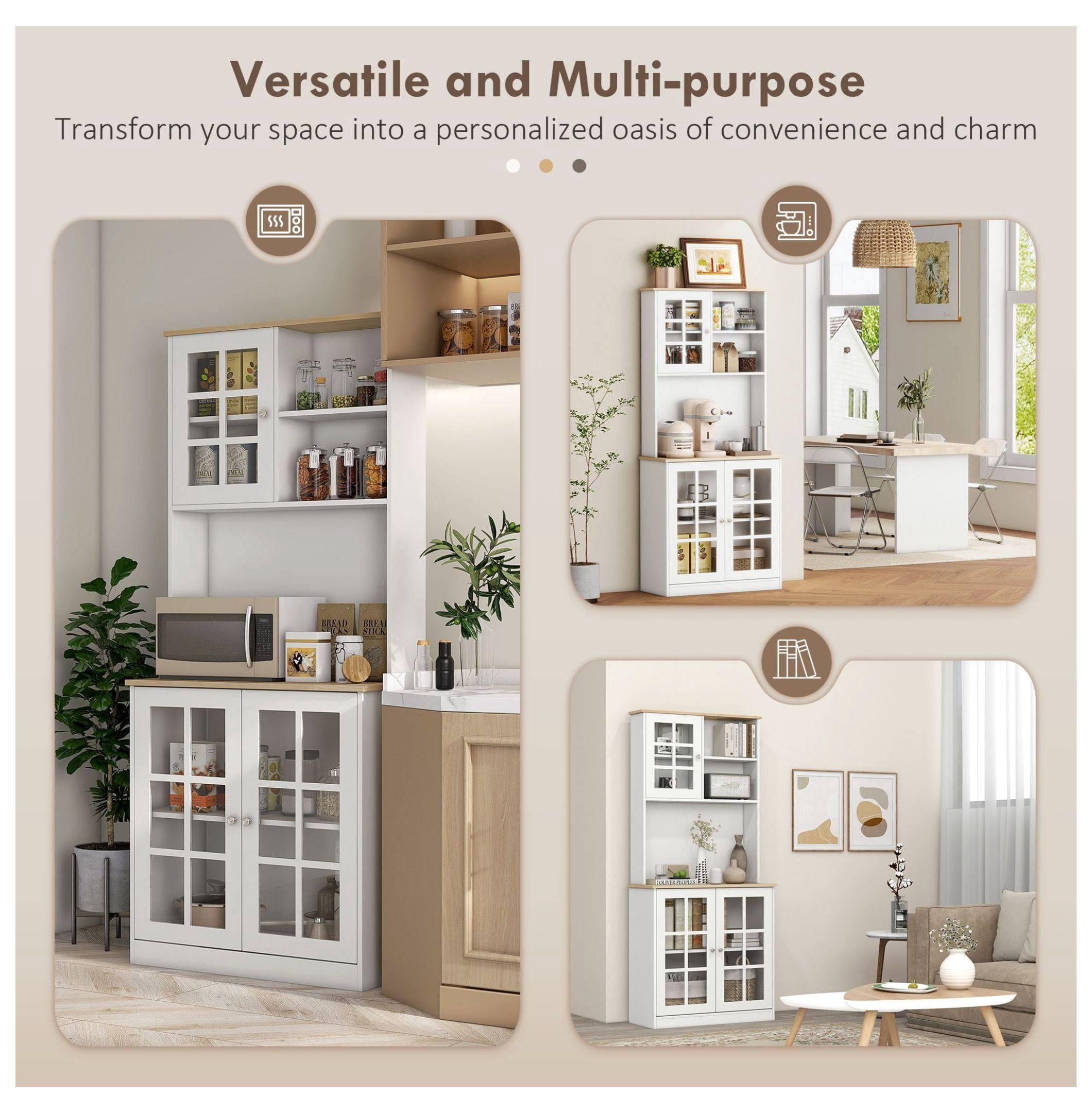 72" Kitchen Pantry Cabinet, Freestanding Storage with Hutch & Glass Doors, White